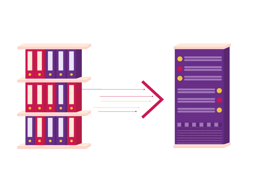 Illustration de la synchronisation automatisée entre bases de données client, ERP et factures, avec contrôle des informations critiques comme le SIRET ou la TVA.