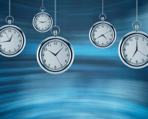 Four models of pocket watches are hovering in the air. A concept of a value of time in business. A contemporary blue background. 3D rendering.