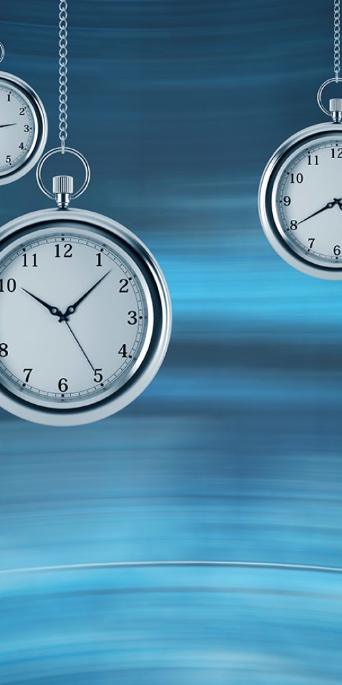 Four models of pocket watches are hovering in the air. A concept of a value of time in business. A contemporary blue background. 3D rendering.